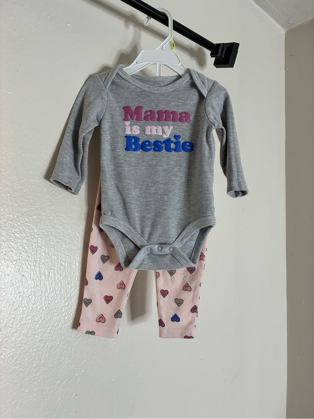 3-6M Bon Bebe Gray Long-Sleeve Onesie with Pink Heart Leggings